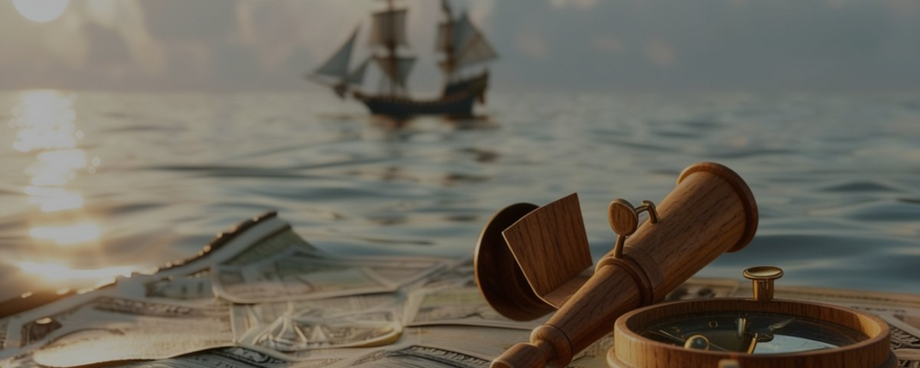 Wooden telescope and compass resting on dollar bills with a sailing ship on the sea behind, cover image for a Treasures Finance comparison of stock perps and spot tokenized stocks