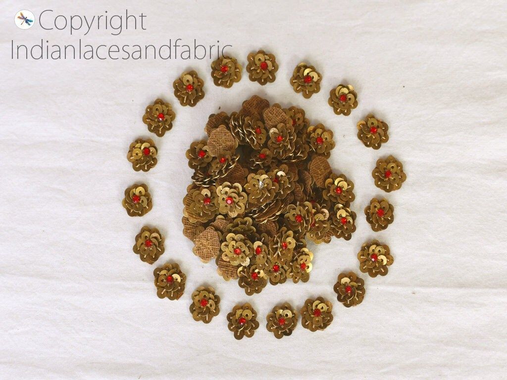 Tiny Antique Gold Sequin Appliques: Indian Beaded Patches, DIY Crafting (100 Pieces, 0.5 inch.) - Image 1