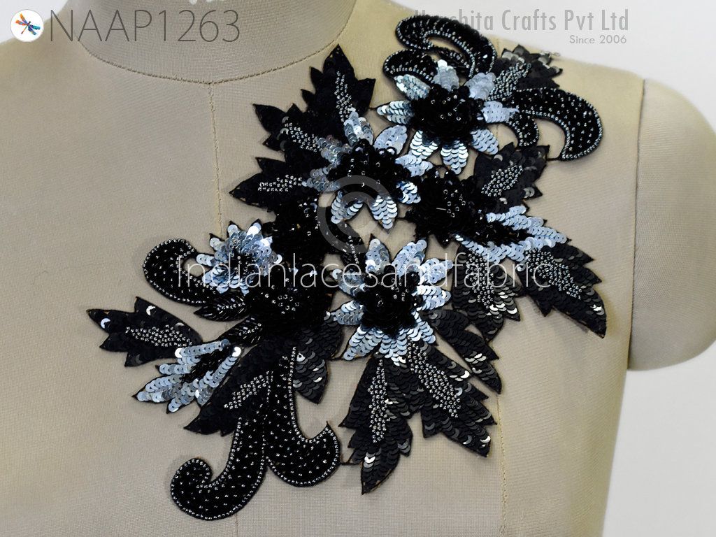 Black Beaded Floral Applique Patch: Indian Sewing Accessory - Image 1