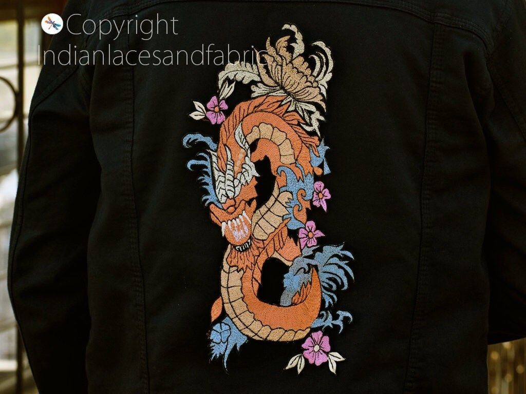 2 pc Embroidered Dragon Applique: Indian Handcrafted Sew-On Patch - Image 1