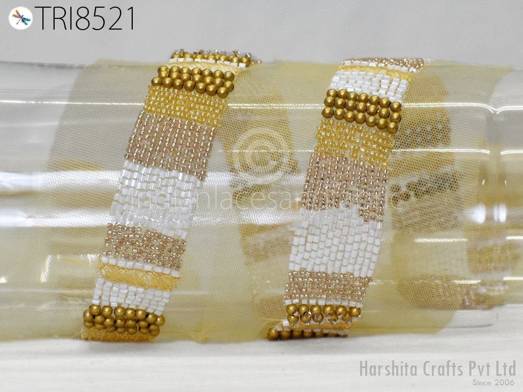 White Beaded Trim By The Yard Handmade Bridal Belt Sashes Wedding Dress Trimming Costume Embellishment Tapes DIY Crafting Sewing Sari Border - Image 1