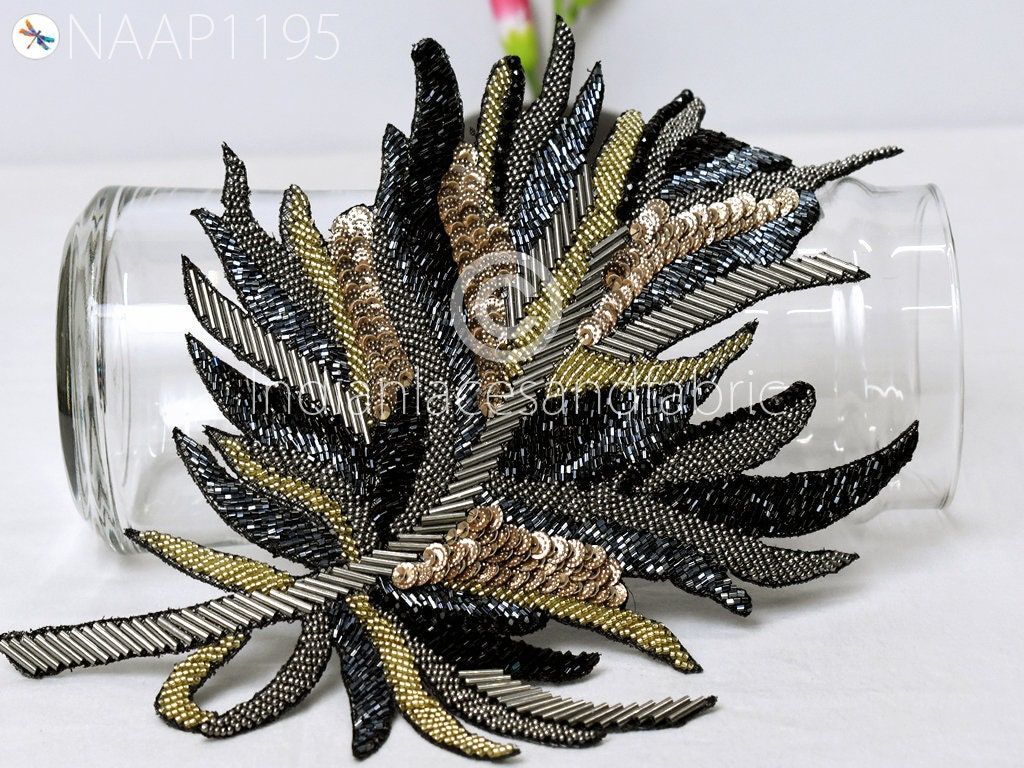 Handcrafted Beaded Applique: Grey, Gold & Black Embroidery Patch - Image 1