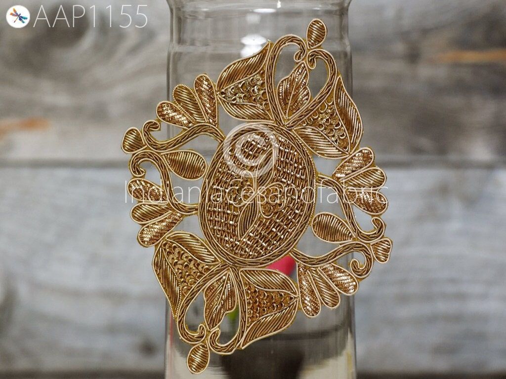 4 Pieces Indian Decorative Floral Sequin Zardozi Gold Applique Embroidered Sewing Wedding Dress Beaded Patches Appliques Crafting Supply - Image 1