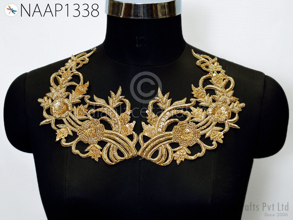 Zardosi Gold Neckline Patches: Handcrafted Wedding Dress Embellishment - Image 1