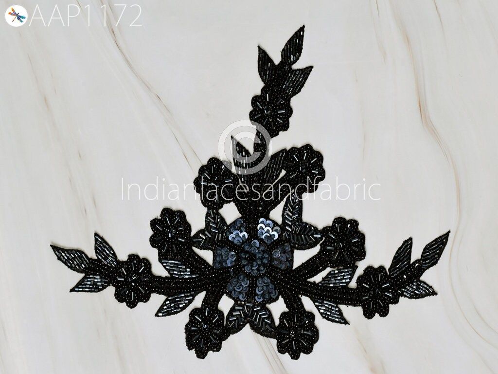 Black Floral Applique Patch: Beaded Indian Dress Embellishment - Image 1