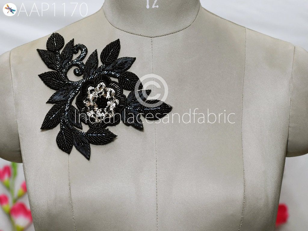 Black Beaded Floral Applique Patches: Indian Sewing Embellishments (2 Piece) - Image 1