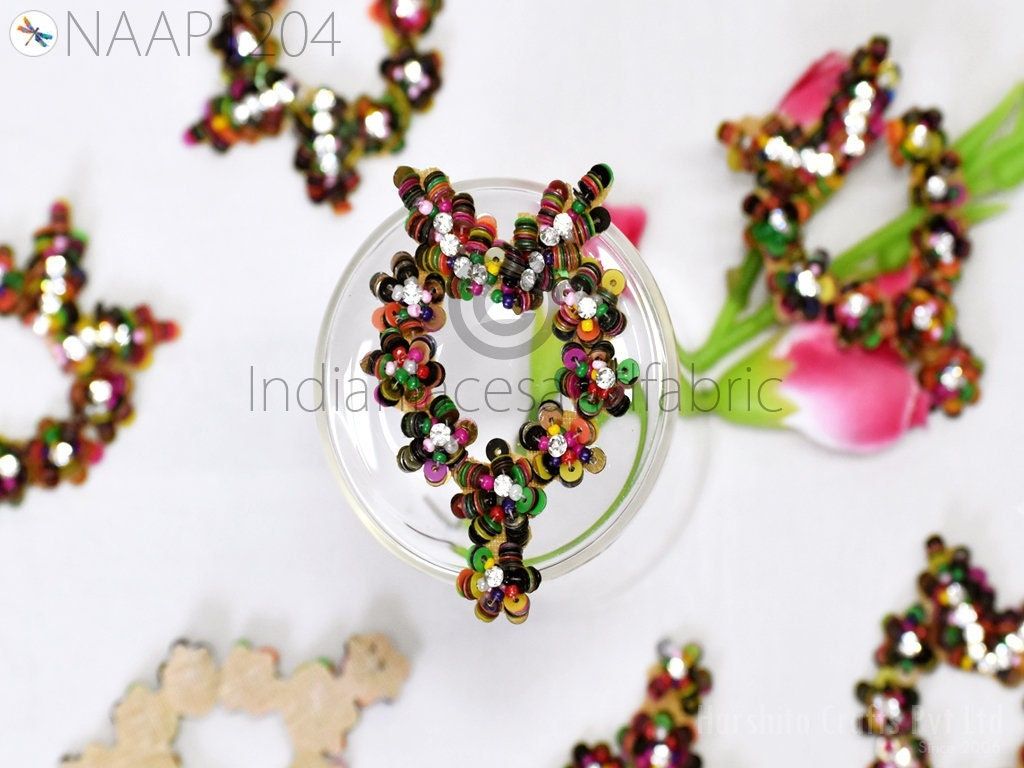 15 Multicolor Sequin Flower Appliques: Handmade Beaded Patches - Image 1