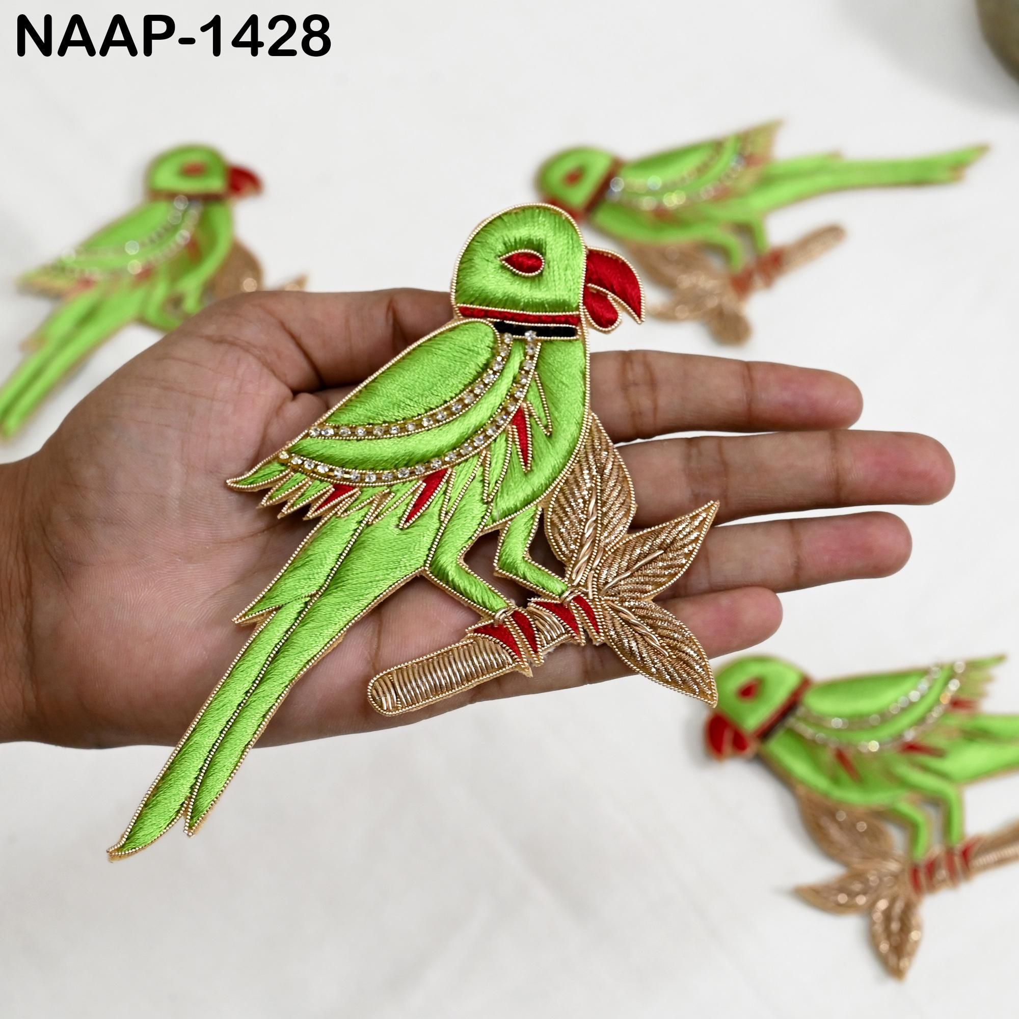 Embroidered Peacock & Parrot Appliques: Gold Zardozi Patches, Indian Sewing Crafts (4 Piece) - Image 1