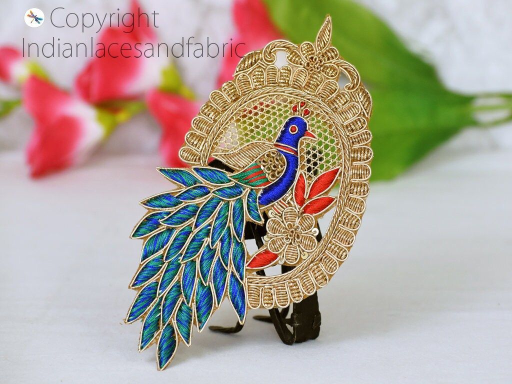 Gold Zardozi Peacock Appliques: Indian Embroidered Patches (Pair) - Image 1