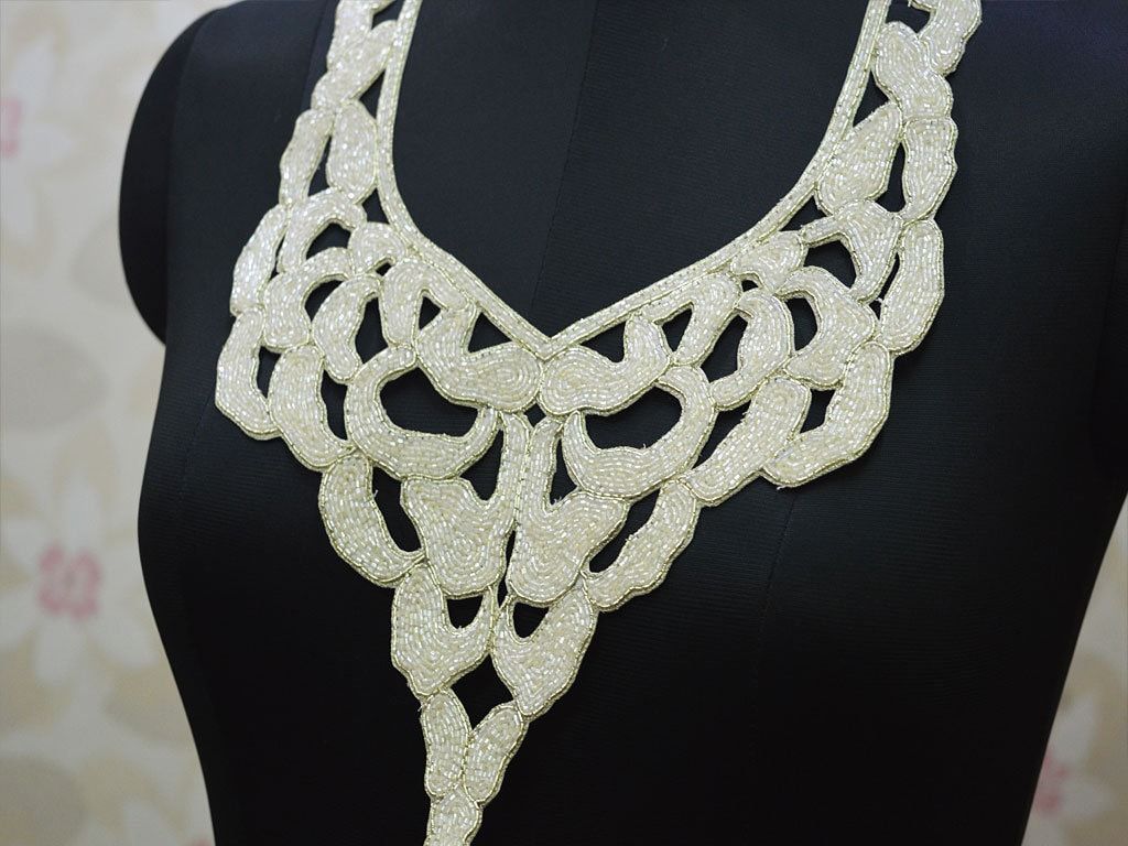 White Beaded Neckline Patch: Handcrafted Indian Collar Applique - Image 1