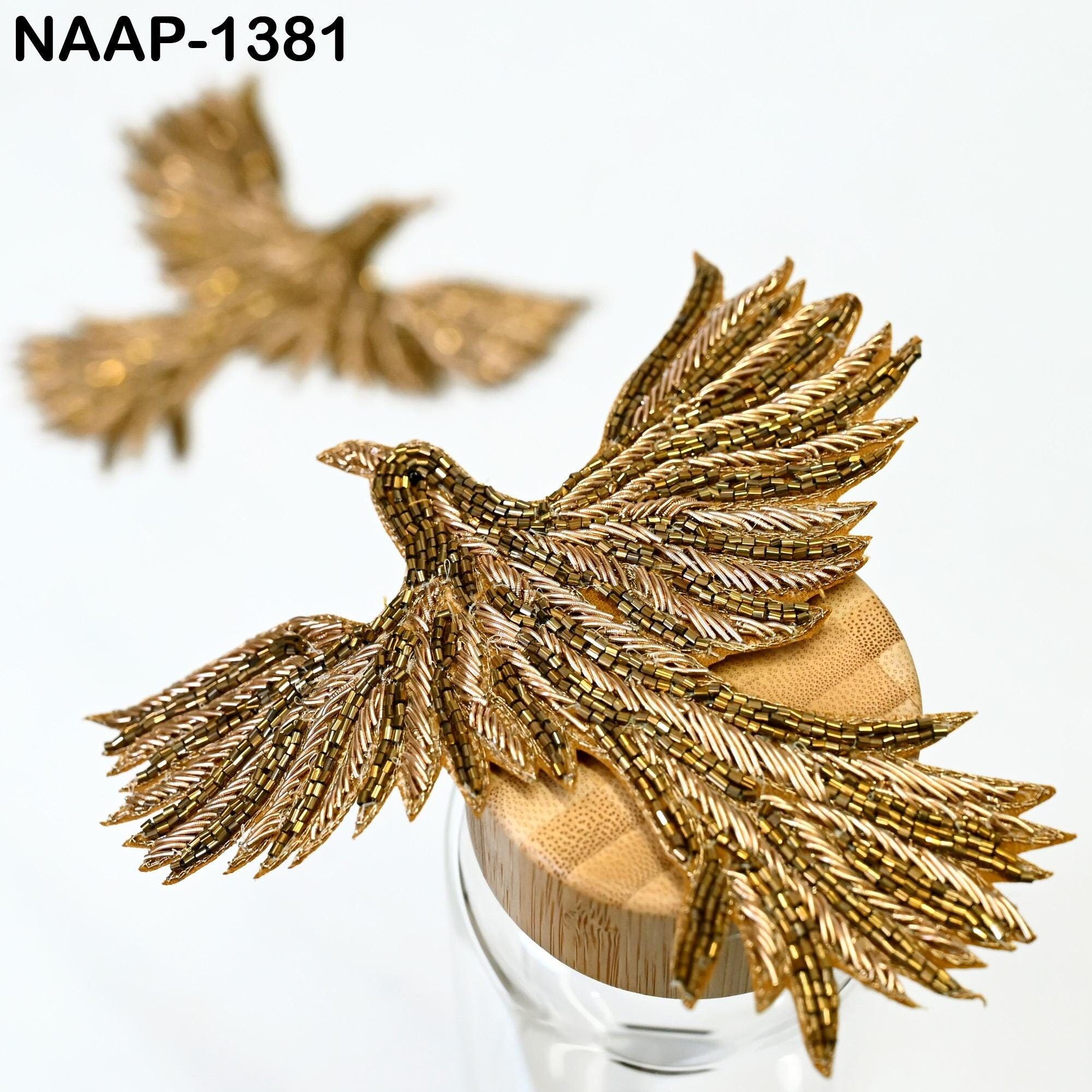 Embroidered Flying Bird Appliqués (2 Pair): Golden Zari Thread, Beaded Indian Patches - Image 1