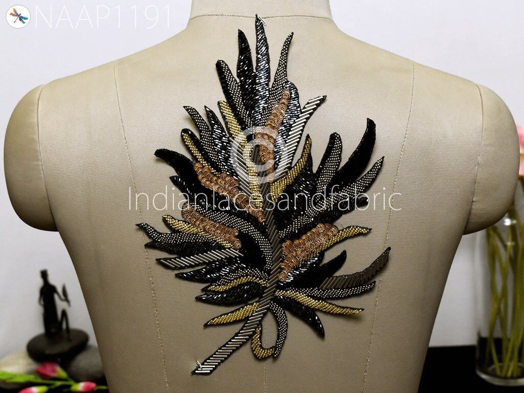 Handcrafted Beaded Applique: Gold & Black Sew-On Patch (12x7.6 Inch) - Image 1