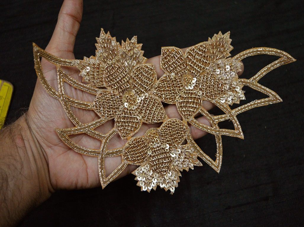 2 Gold Floral Applique Patches: Embroidered Indian Wedding Dress Embellishment - Image 1