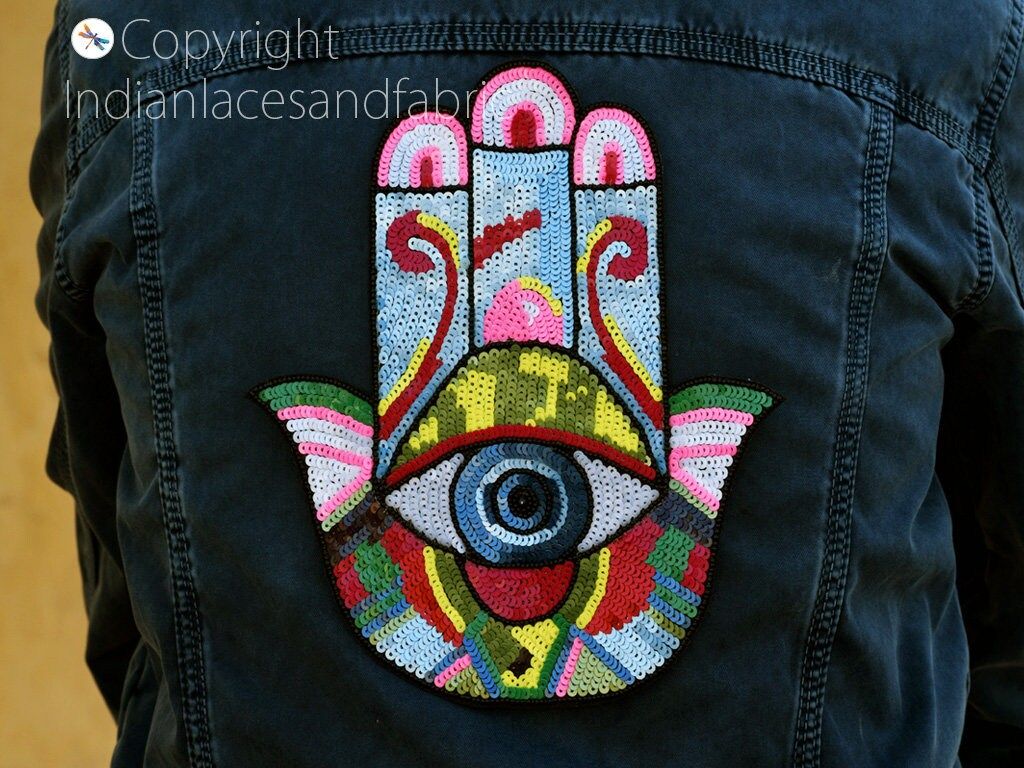 Embroidered Sequin Hamsa Hand Patch: Sew-On Applique - Image 1