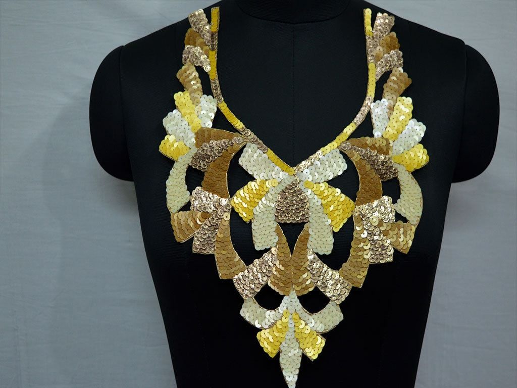 Handcrafted Yellow Sequins Neckline Applique: Indian Embroidered Collar Patch - Image 1