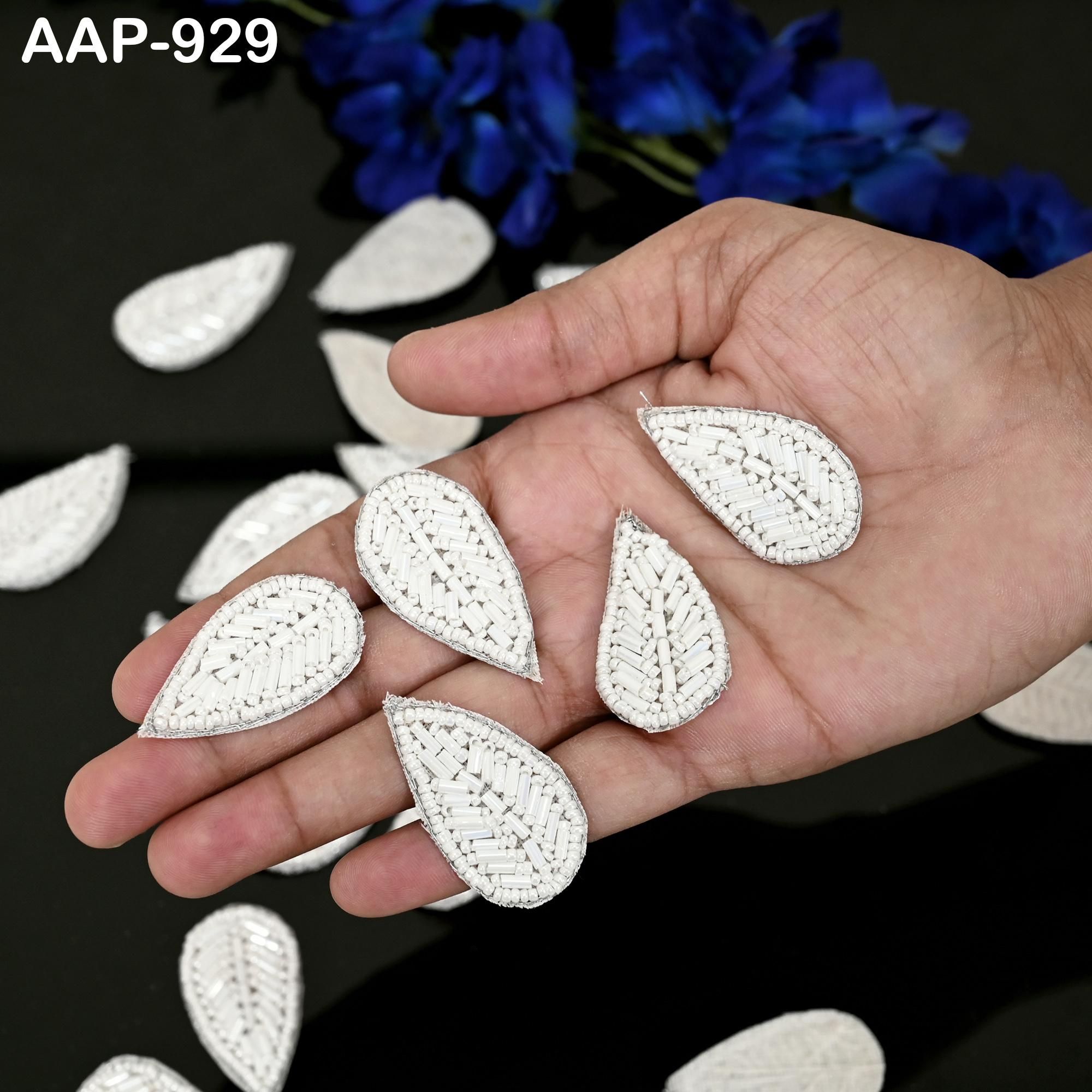 30 White Beaded Leaf Appliques: Handmade Indian Embroidered Patches - Image 1