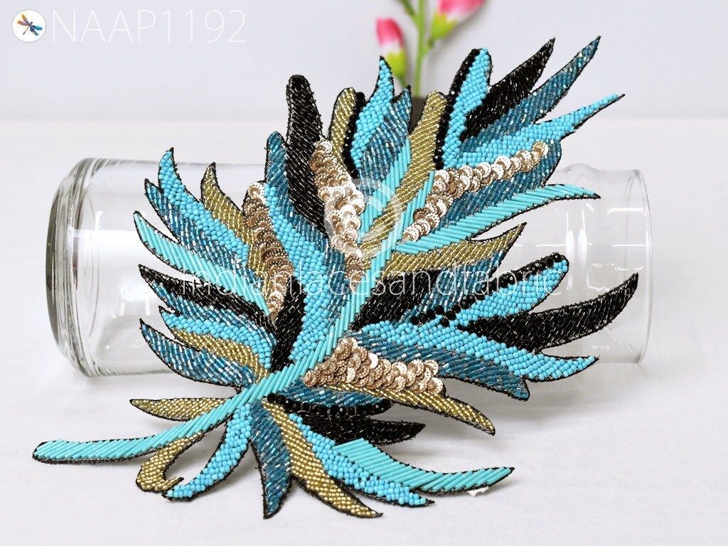 Beaded Feather Applique: 12 Inch Turquoise Blue Embroidery Patch - Image 1