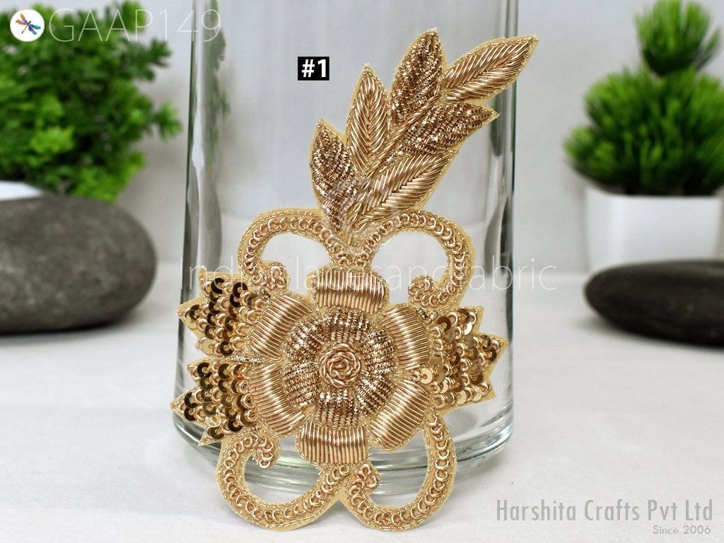 Gold Zardozi Applique Dabka: Indian Floral Embroidered Patch (4 Pieces) - Image 1