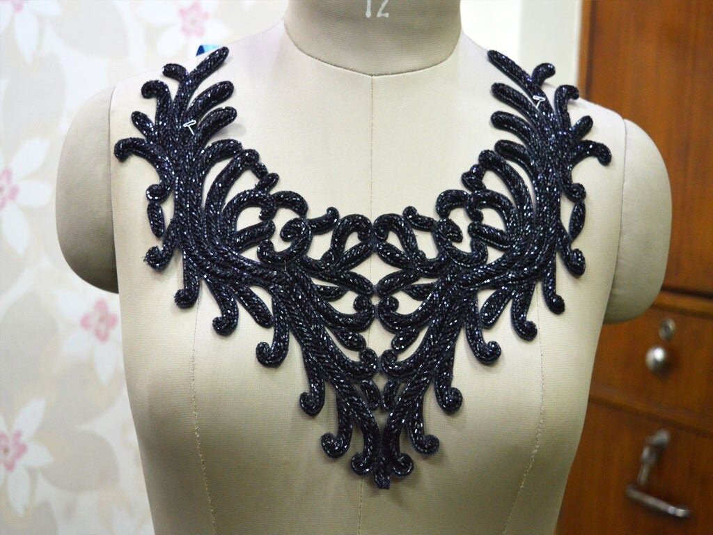 Beaded Neckline Applique: Indian Embroidered Bridal Dress Patch - Image 1