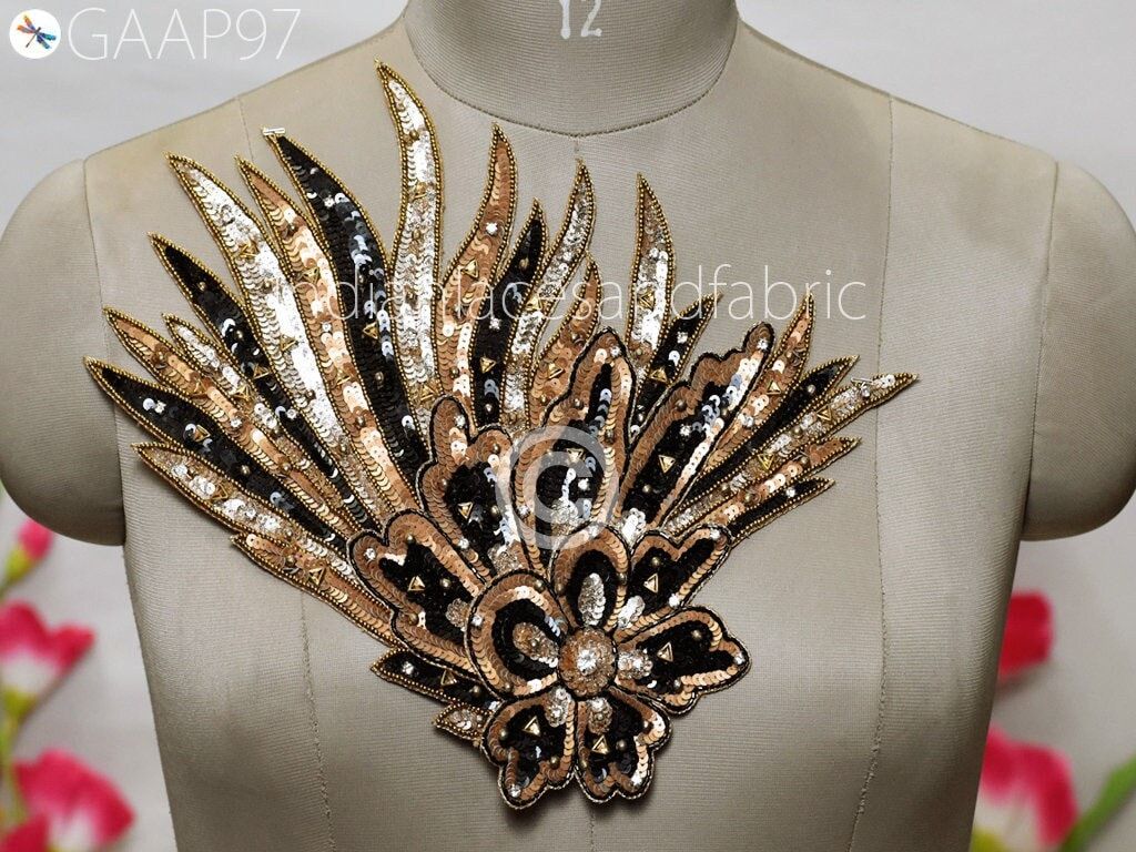 2 Piece Floral Sequin Applique Patches: Embroidered Indian DIY Crafting Supply - Image 1