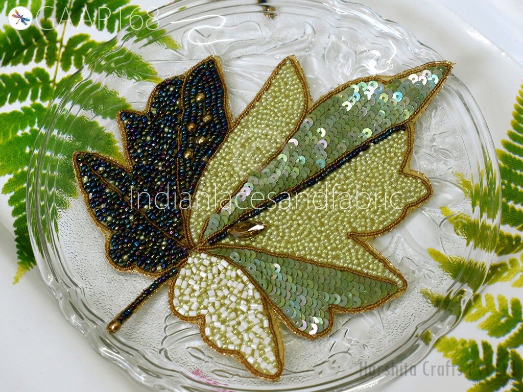 2 Maple Leaf Beaded Applique Patch: Embroidered Indian Dress Embellishment (7x5 inch) - Image 1