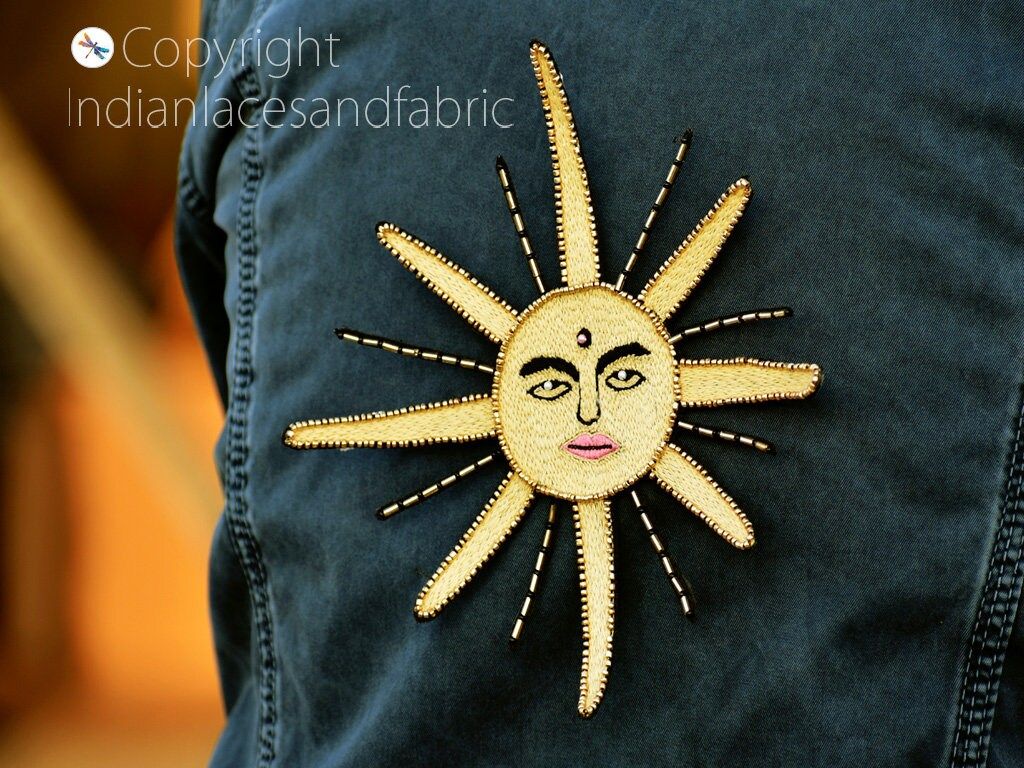 2 Pc Beaded Sun Patch: Embroidered Applique for Denim Jackets - Image 1