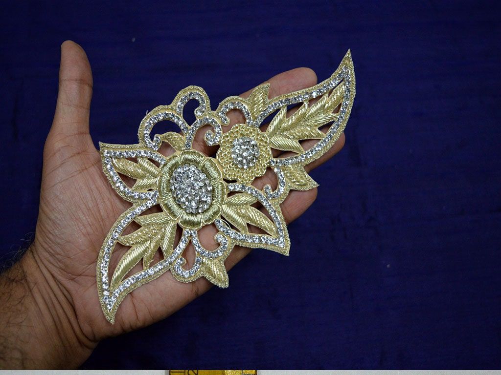 Handmade Rhinestone Applique Pair: Dull Gold Indian Patches, Sew-On Christmas Decor - Image 1