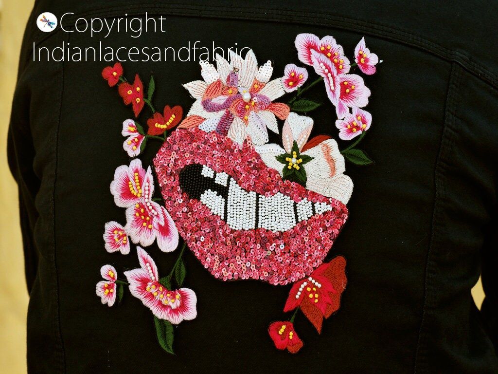 Pink Lips Sequin Patch: Beaded Embroidery Applique (10 Inch) - Image 1