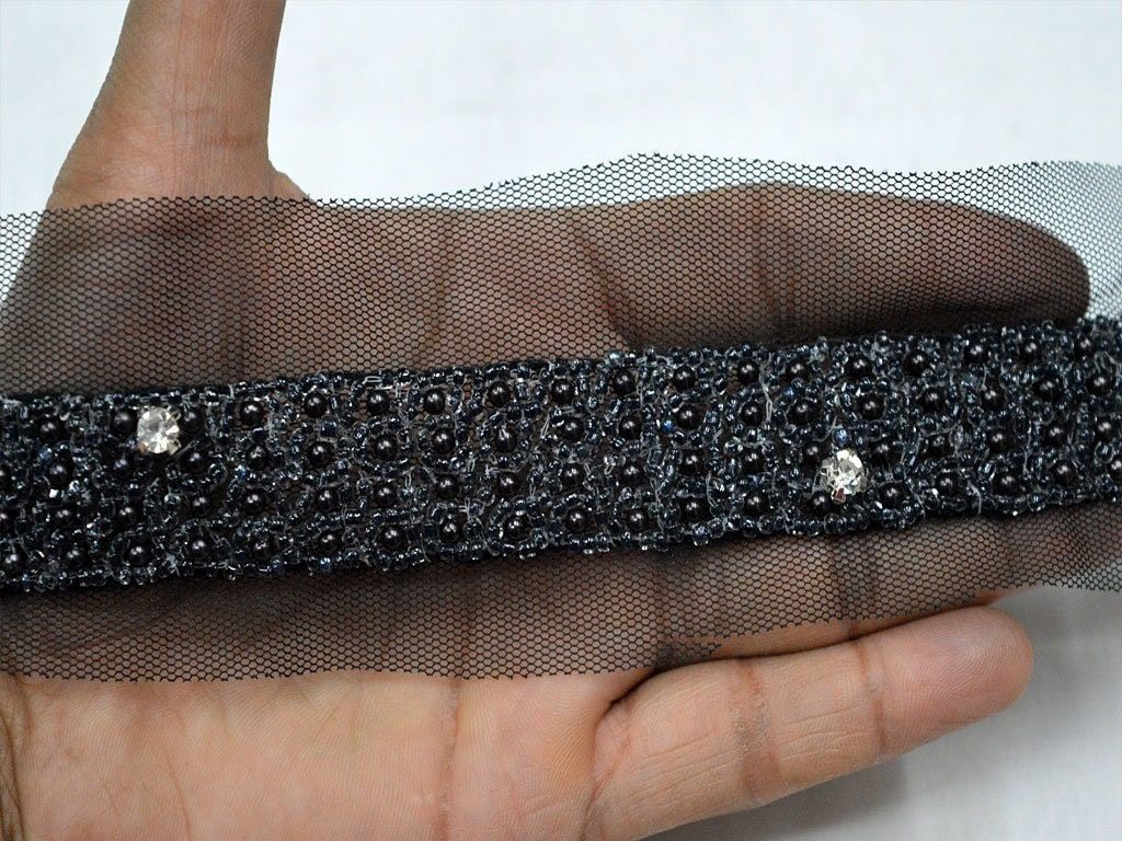 Black Beaded Trim: Bridal Belt, Sashes, Costume Embellishments (1 yard) - Image 1