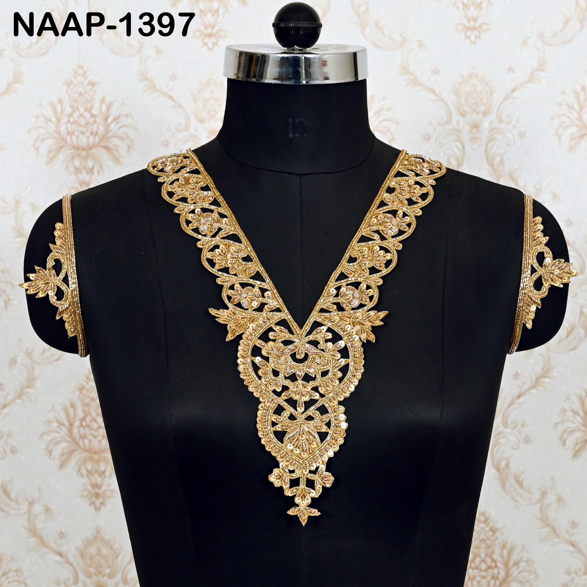 Handcrafted Zardozi Gold V Neck Patch: Indian Sequin Zari Work - Image 1