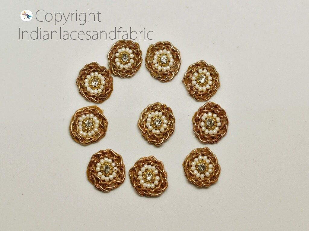 100 Tiny Golden Flower Appliques: Indian Zardozi Rhinestone Embellishments - Image 1