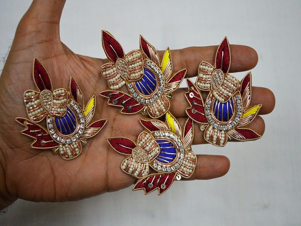 Beaded Floral Appliques: Handcrafted Zardozi Embroidery Patches (Set of 8) - Image 1