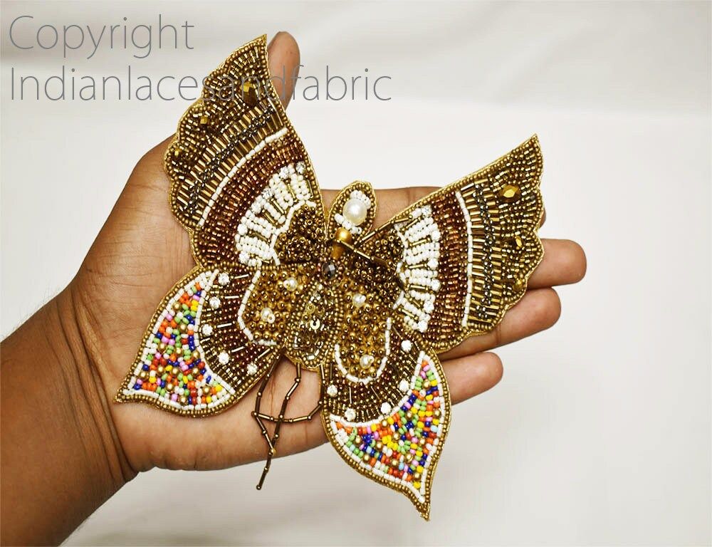 3 Antique Gold Beaded Butterfly Patches: Indian Handmade Appliques (4.5 inches) - Image 1