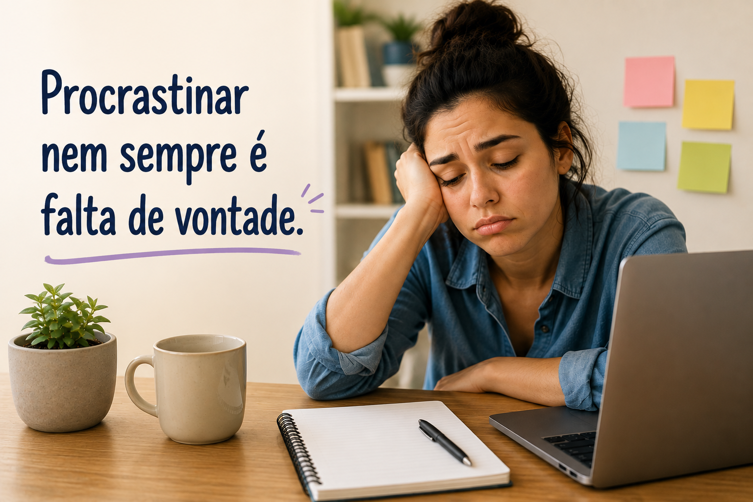 Mulher com expressão de cansaço diante do computador, acompanhada da frase “Procrastinar nem sempre é falta de vontade”
