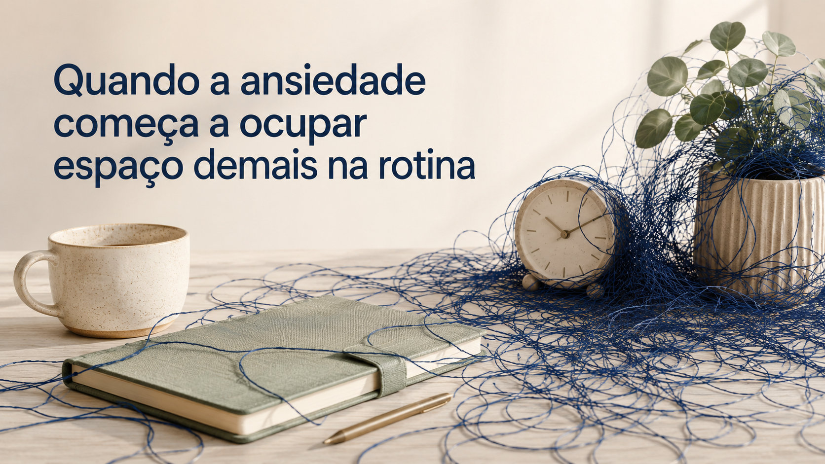 Mesa com xícara, agenda, caneta, relógio e vaso de planta envolvidos por fios azuis emaranhados. Ao fundo, o título do artigo sobre ansiedade.
