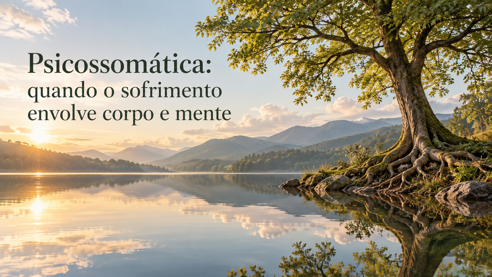 Árvore com raízes expostas à margem de um lago, refletida na água, com montanhas ao fundo e luz dourada. À esquerda, o título “Psicossomática: quando o sofrimento envolve corpo e mente”.