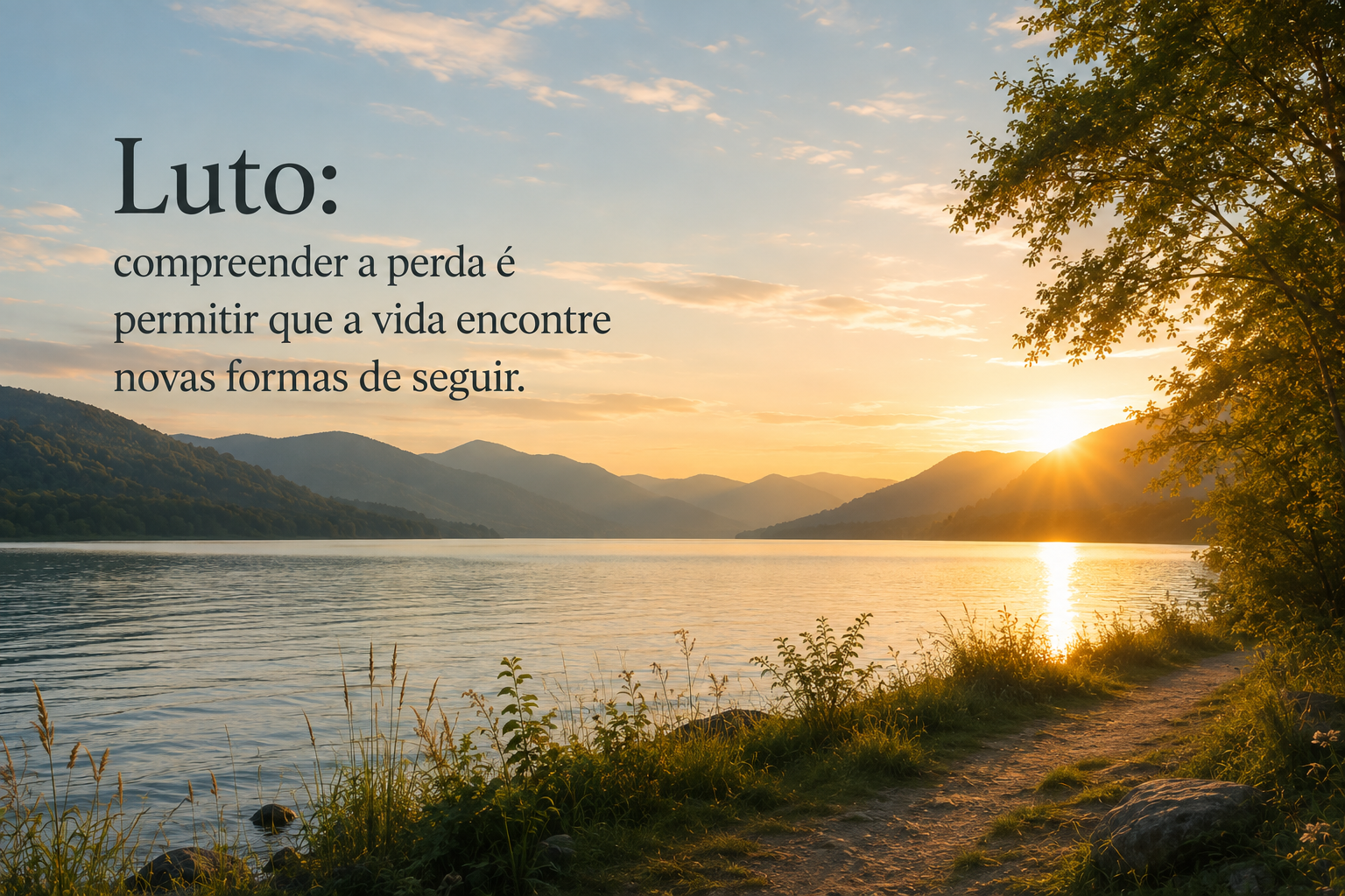 Paisagem tranquila ao pôr do sol, com lago, montanhas ao fundo e vegetação às margens, ilustrando um artigo sobre luto, perdas e reconstrução da vida.