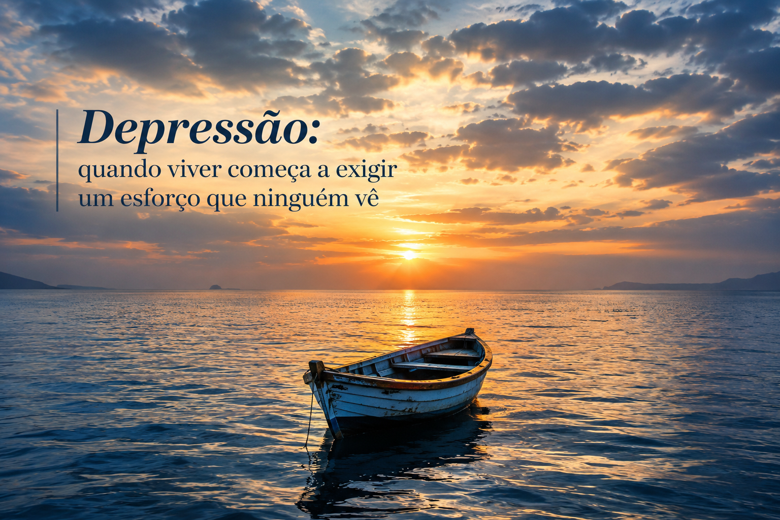 Barco solitário no oceano ao pôr do sol, sob um céu com nuvens, com o título “Depressão: quando viver começa a exigir um esforço que ninguém vê”.