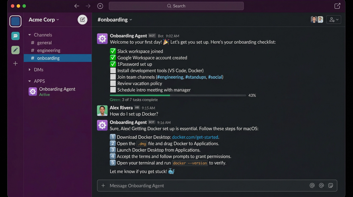 AI agent guiding new hires through onboarding tasks in Slack