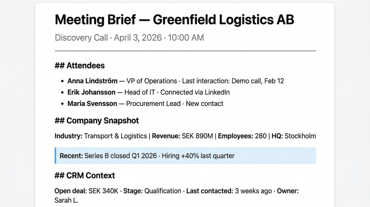 AI agent preparing meeting briefs with attendee and company research