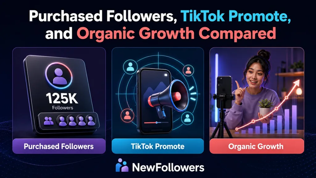 Purchased followers, TikTok Promote, and organic growth compared