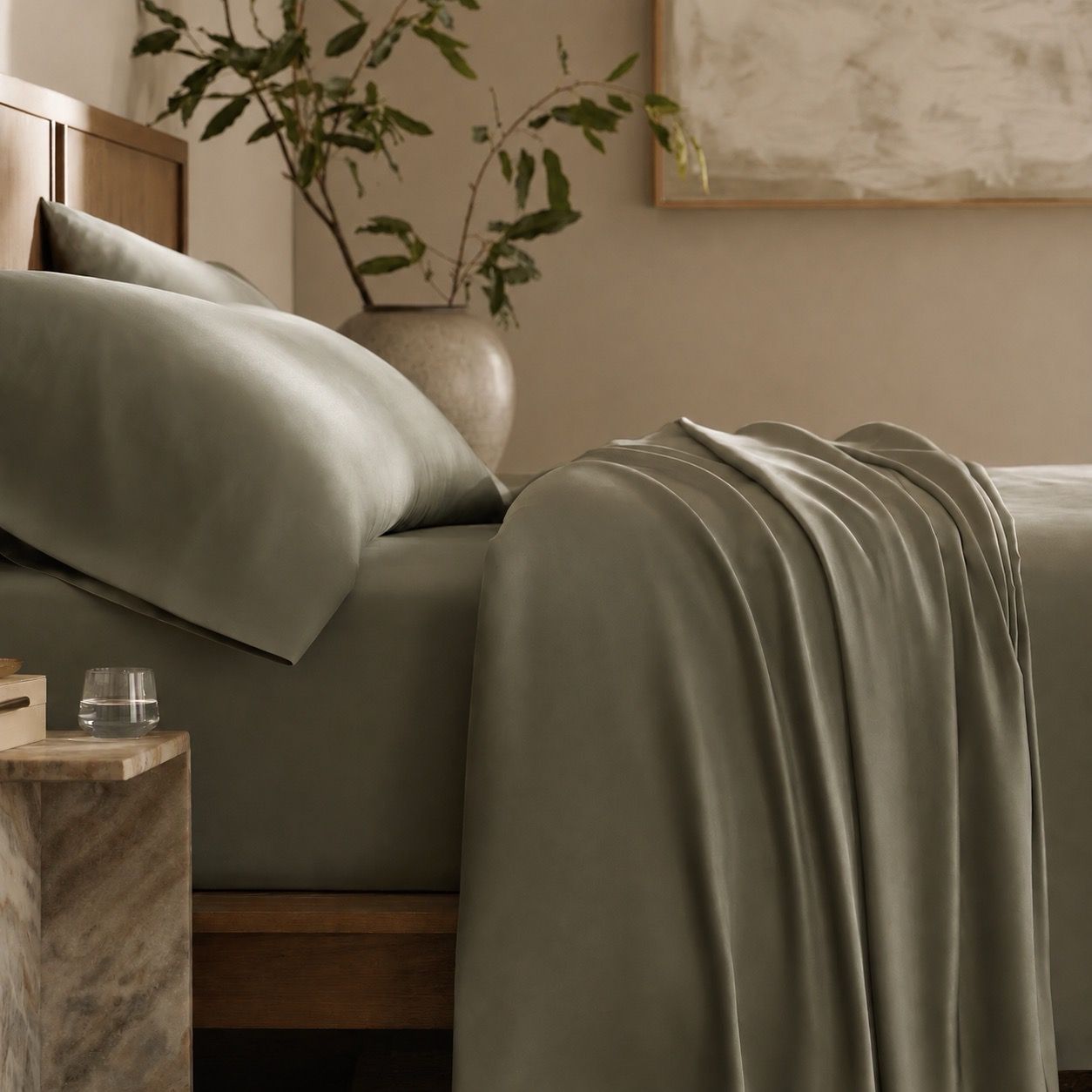 Bed opgemaakt met wit beddengoed en een grijze plaid over de hoek