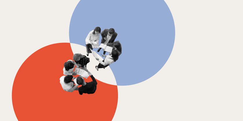 an overhead photo of two groups of people collaborating