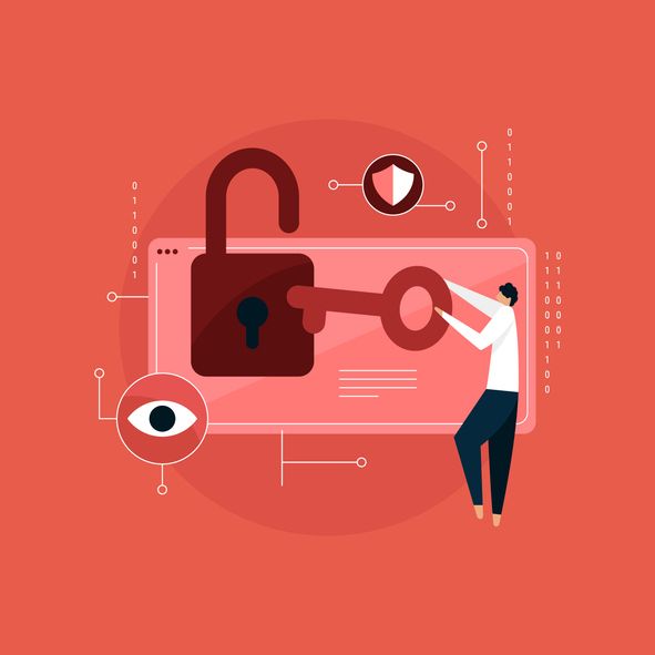 A cartoon photo of a person putting a key into a lock.