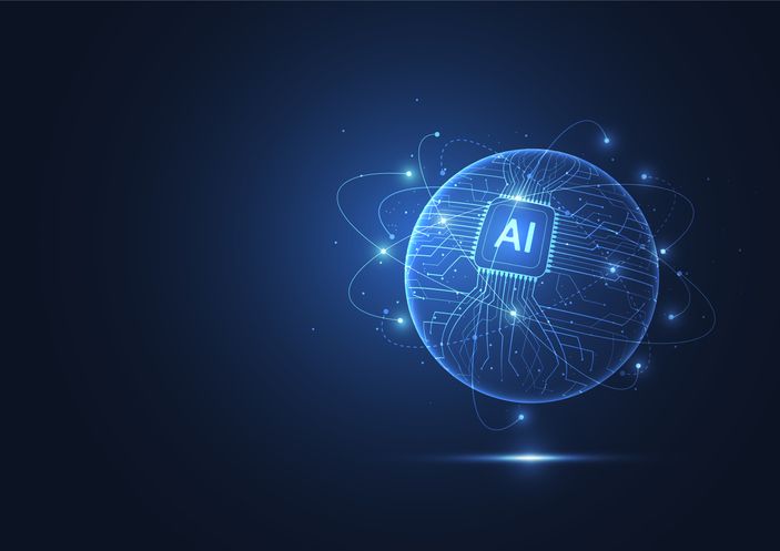 A photo of lines forming a sphere with the text "AI" in the center.