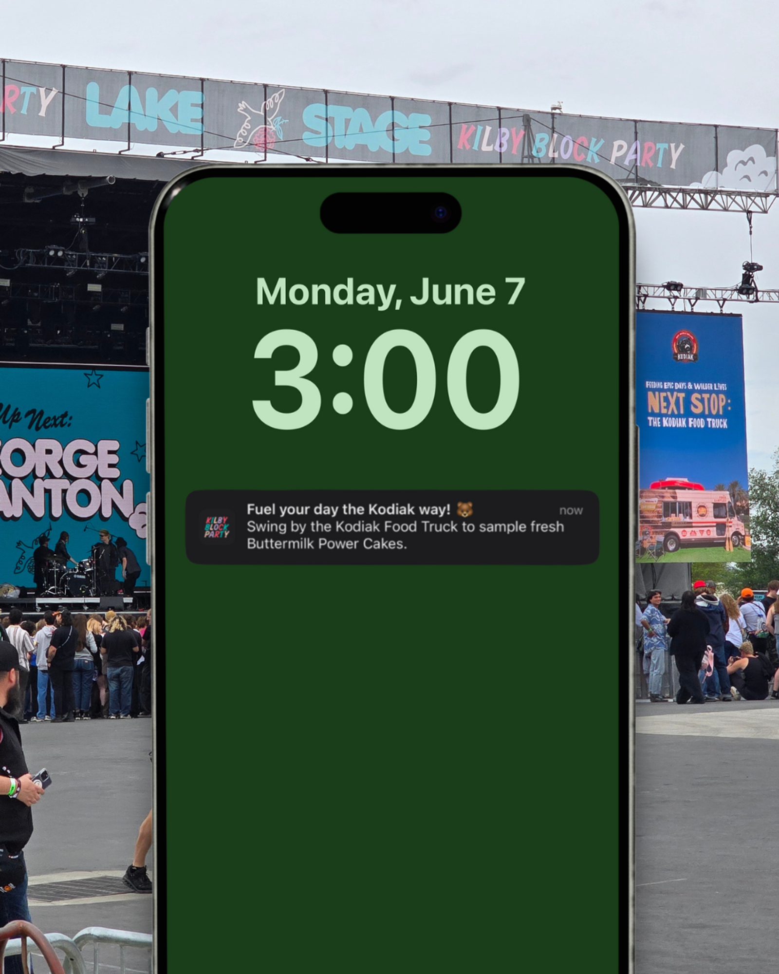 iPhone Notification from Kilby Block Party Festival to visit the Kodiak Truck