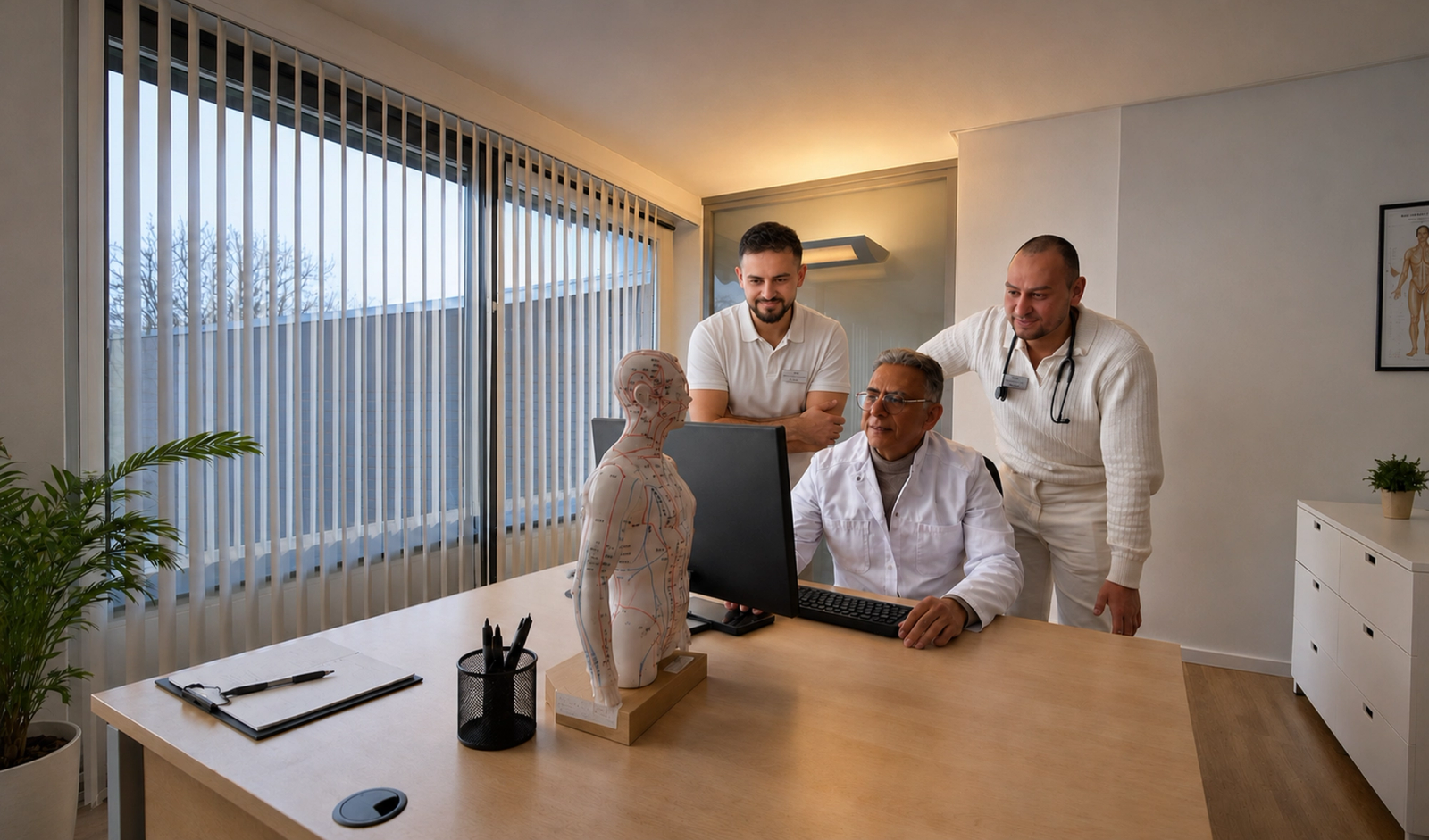Arzt und Kollege besprechen einen Befund am Schreibtisch in einer Praxis des MVZ Dr. med. Mahdy & Kollegen