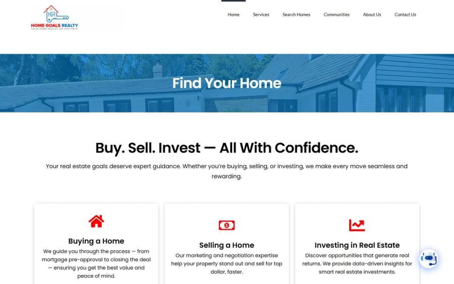 Home Goals Realty website: inner section, desktop