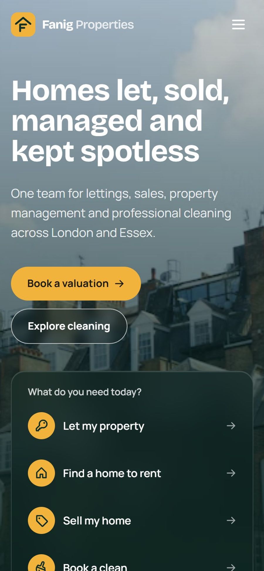 Fanig Properties website: homepage, mobile