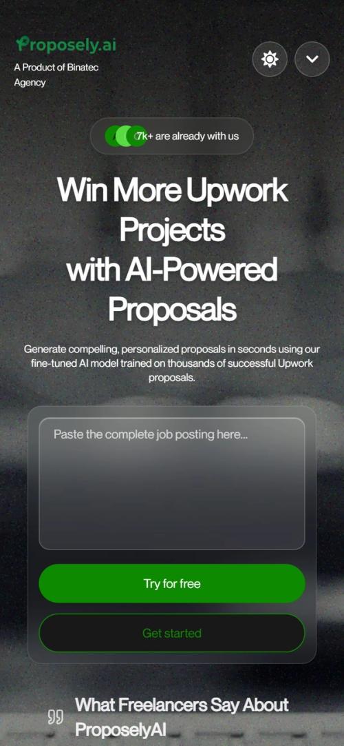 Proposely AI homepage, mobile